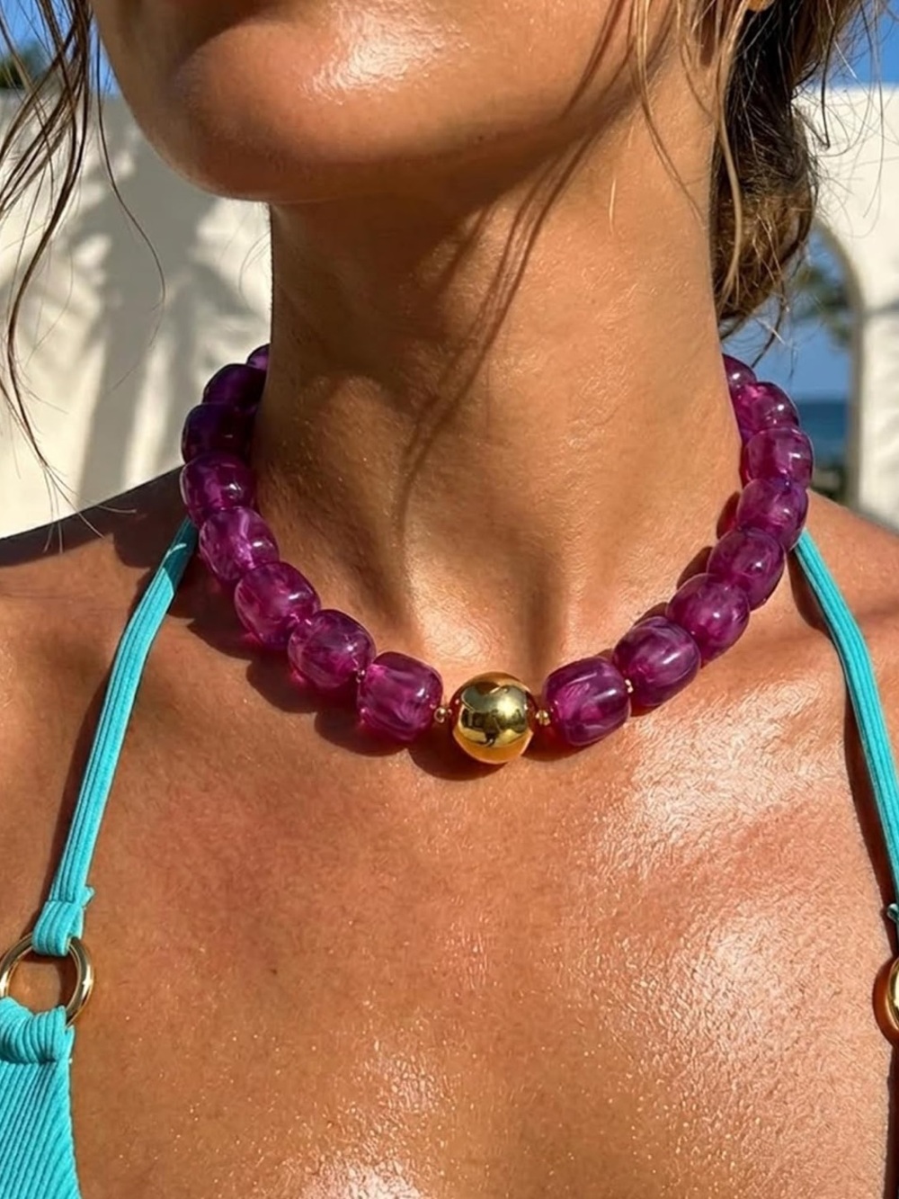 Vibrant Purple Marble Beaded Pendant Necklace